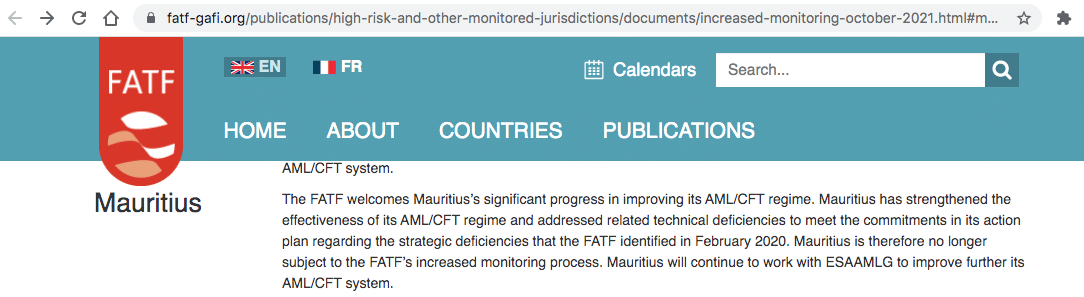Removal of Mauritius from the FATF Grey List